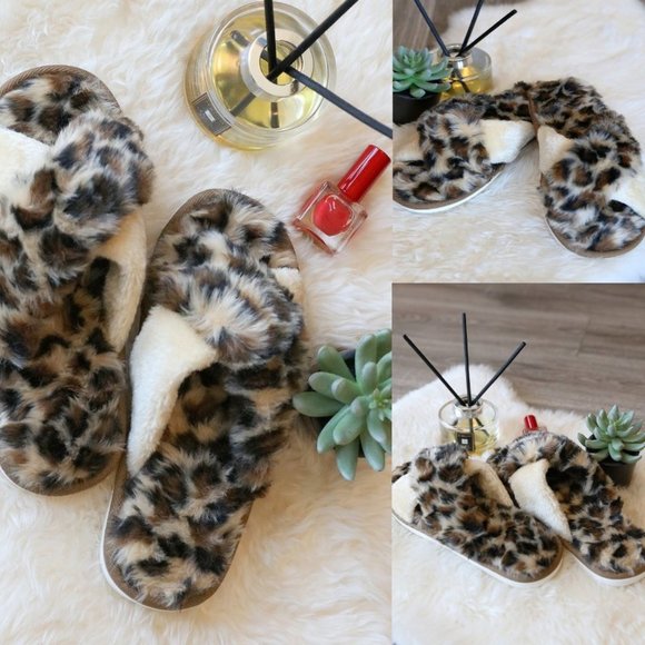 Fur Leopard Slippers Brown & Tan - Picture 6 of 10